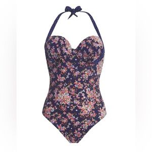 Midnight Grace One Piece Swimsuit – Size 36G, Vintage-Inspired Floral Halter